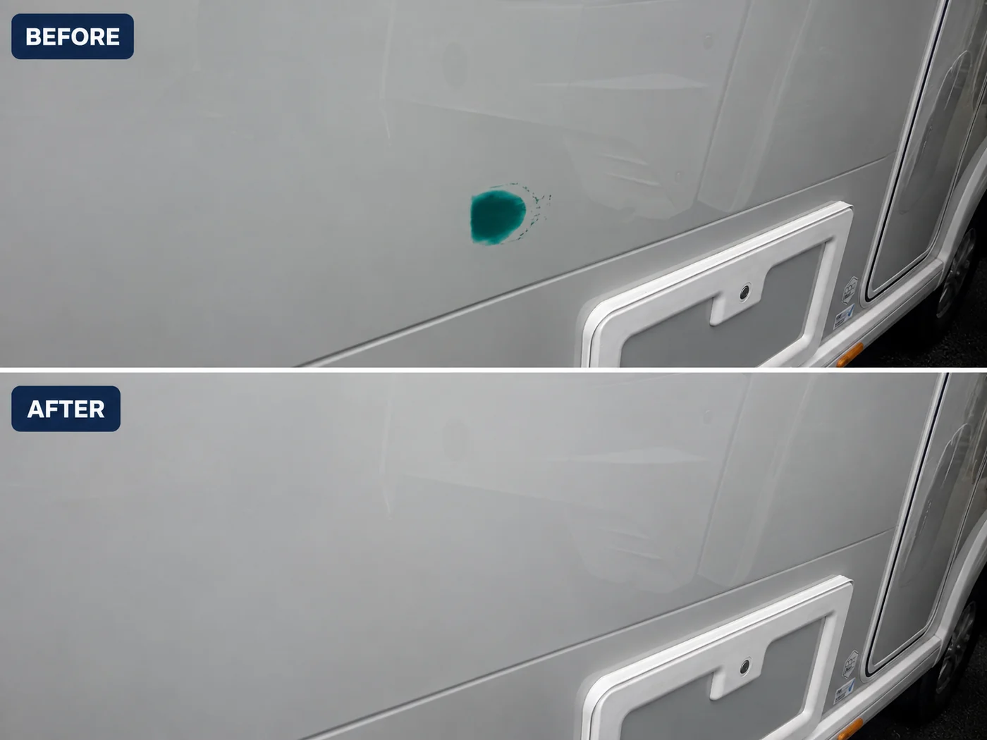 Before and after comparison of a repaired caravan side panel