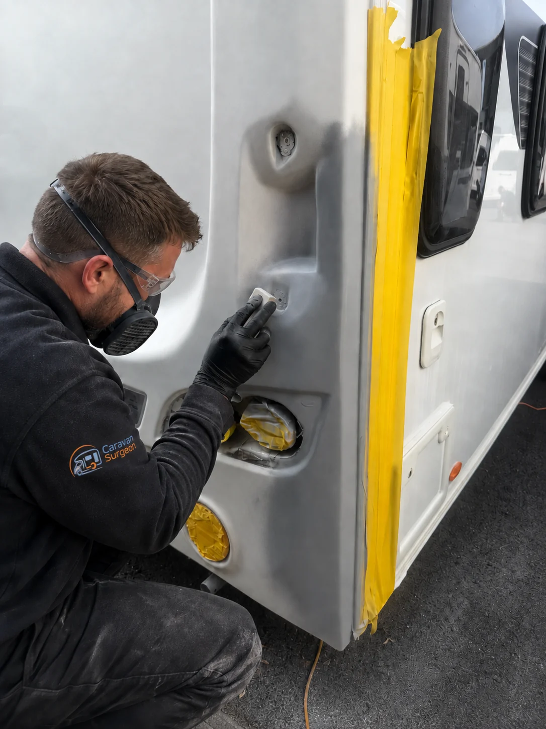 Caravan Surgeon technician carrying out detailed bodywork preparation on a caravan rear corner