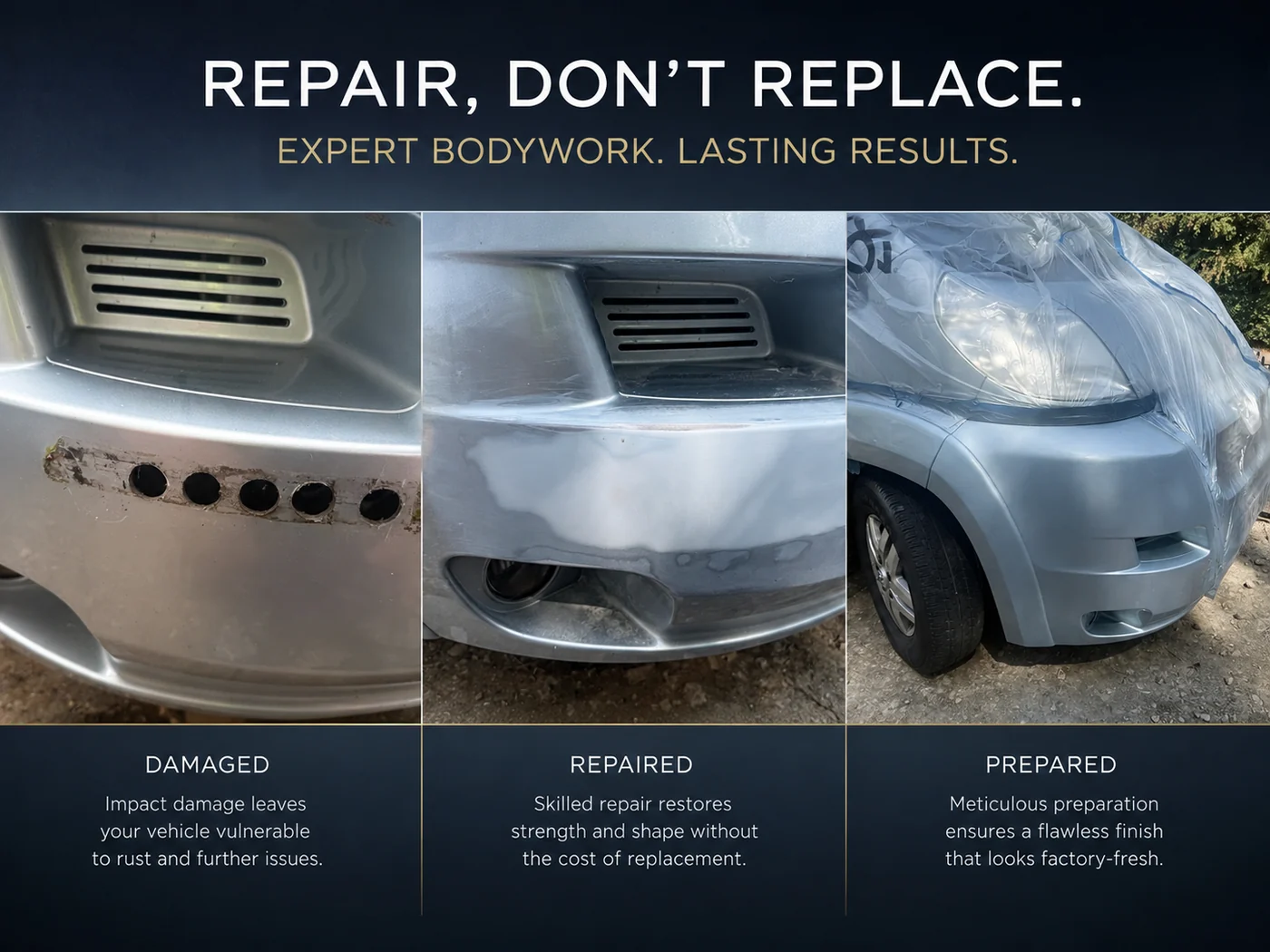 Three-stage motorhome bodywork repair showing damaged, repaired and prepared stages