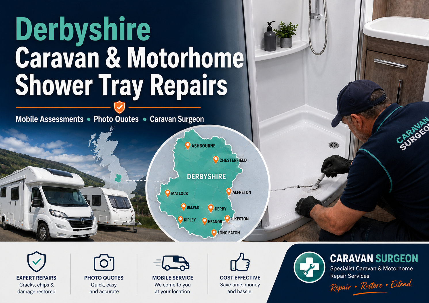 caravan shower tray repairs derbyshire