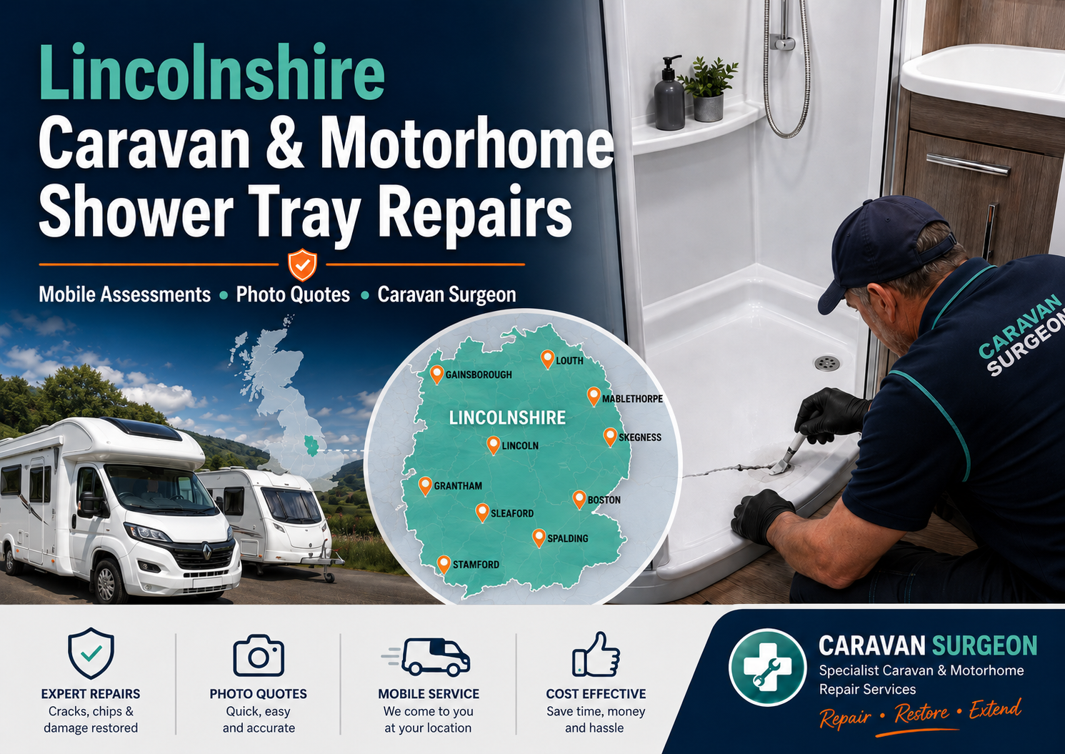 caravan shower tray repairs lincolnshire